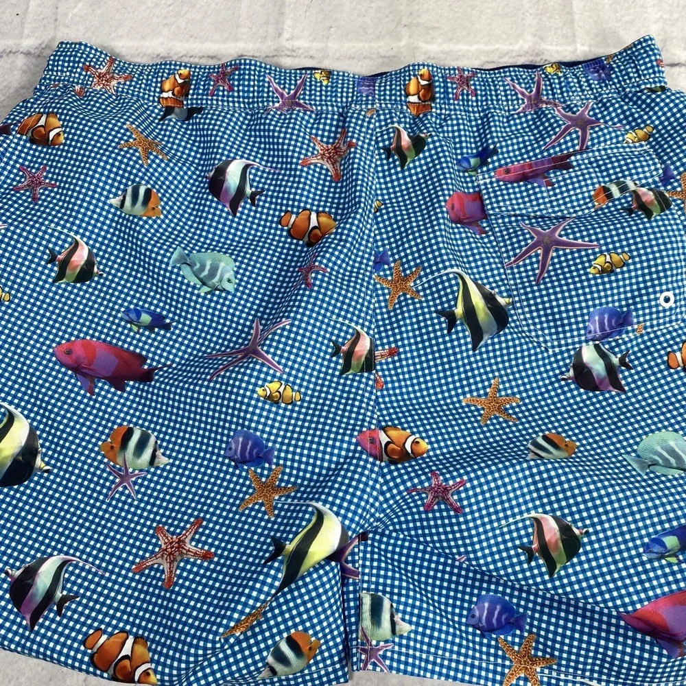 Bills Khakis Fish‎ AOP Swim Trunks Mens Size 2XL Mesh Lined Blue Gingham 6.5